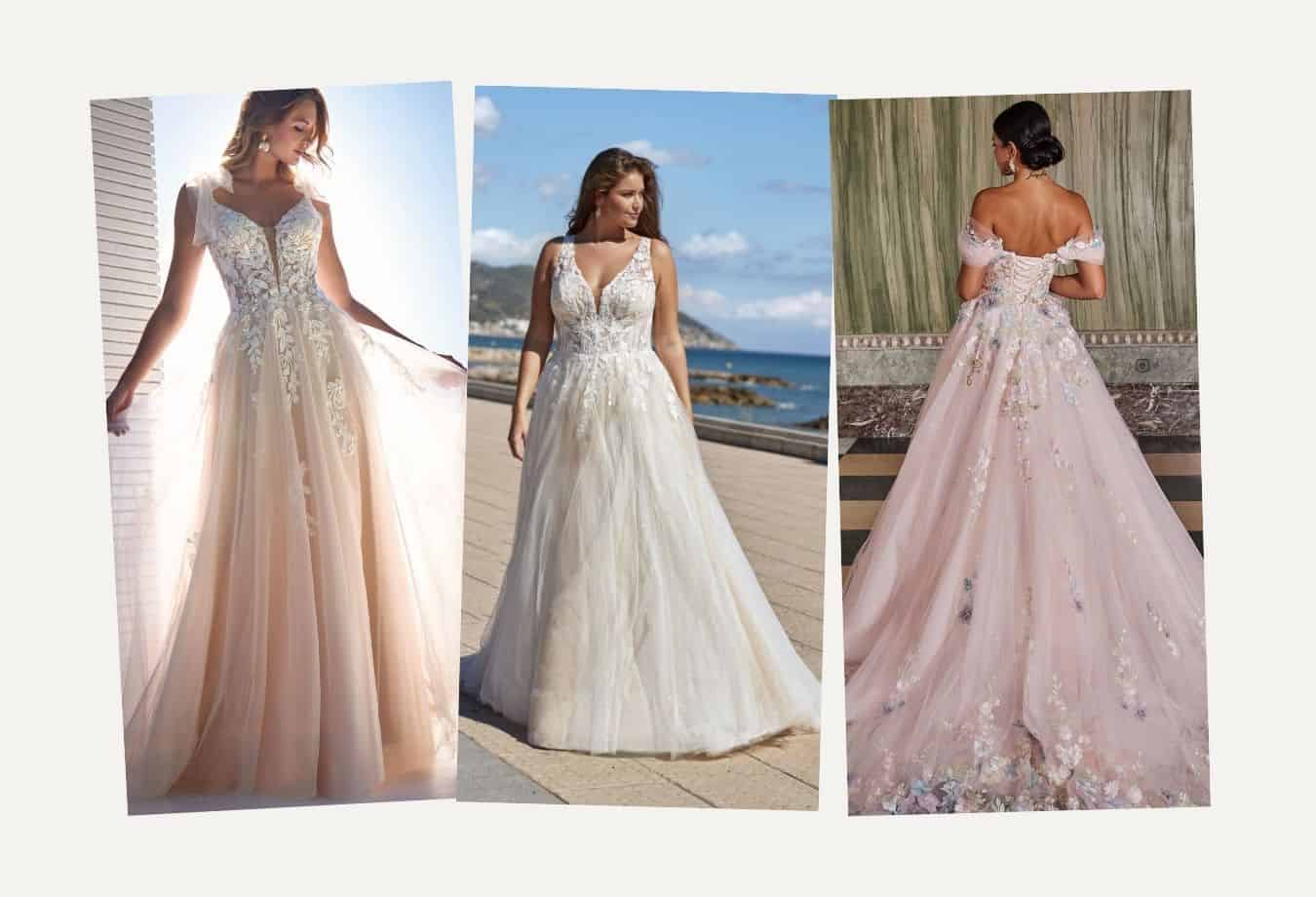 Drie trouwjurken met een getinte kleur. Blush trouwjurk, nude trouwjurk en zacht roze trouwjurk. Trending trouwjurken.