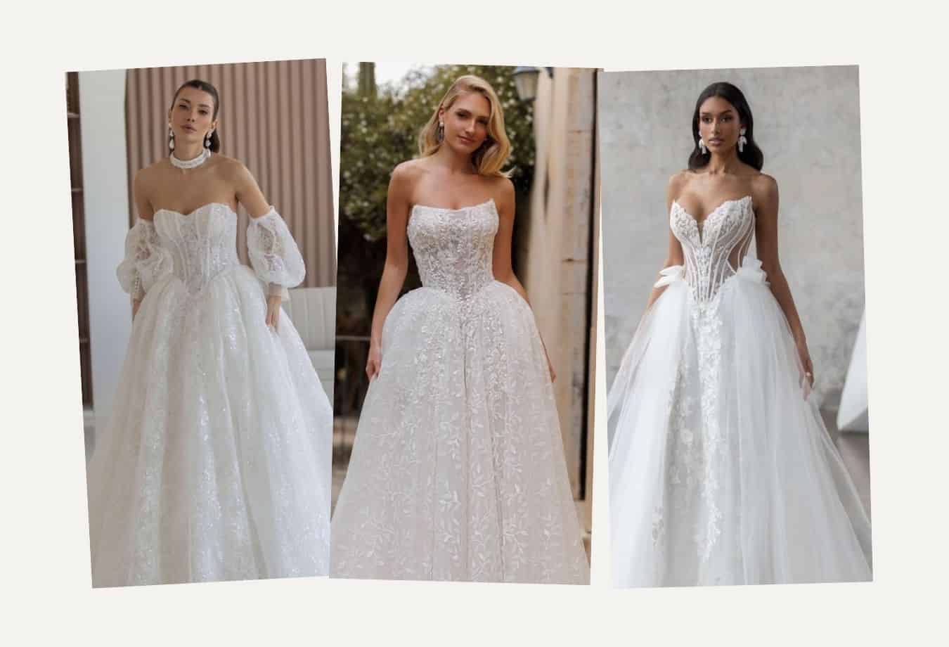 Drie prinsessen trouwjurken met een basque waist en strapless top. Trouwjurken trends 2027.