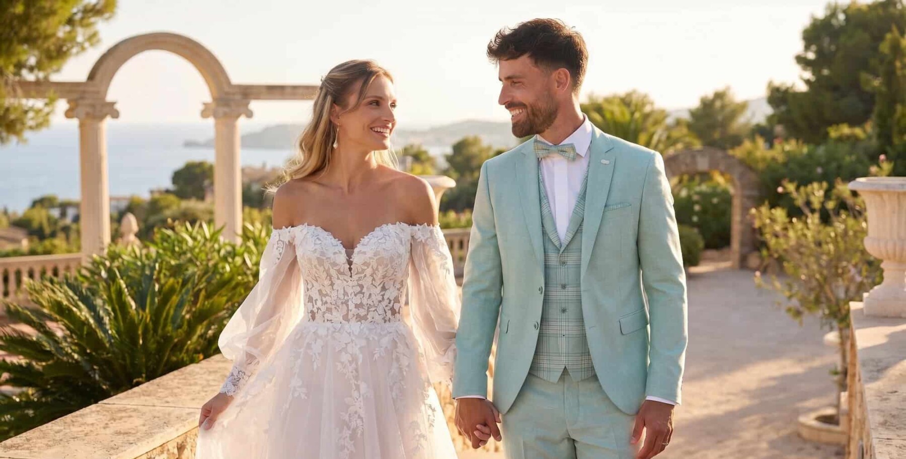 Honeymoonshop winkel met trouwjurken en trouwpakken voor bruiloft.